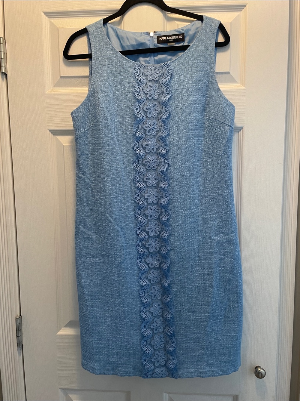 Karl Lagerfeld Powder Blue Sleeveless Shift Dress with Lace Trim